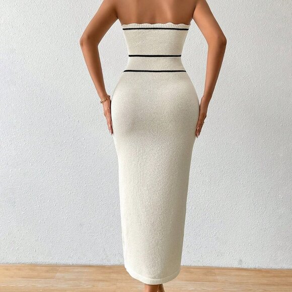 Apricot Elegant Women's Tube Top Dress Fashion Knitted Dress - Picture 2 of 7